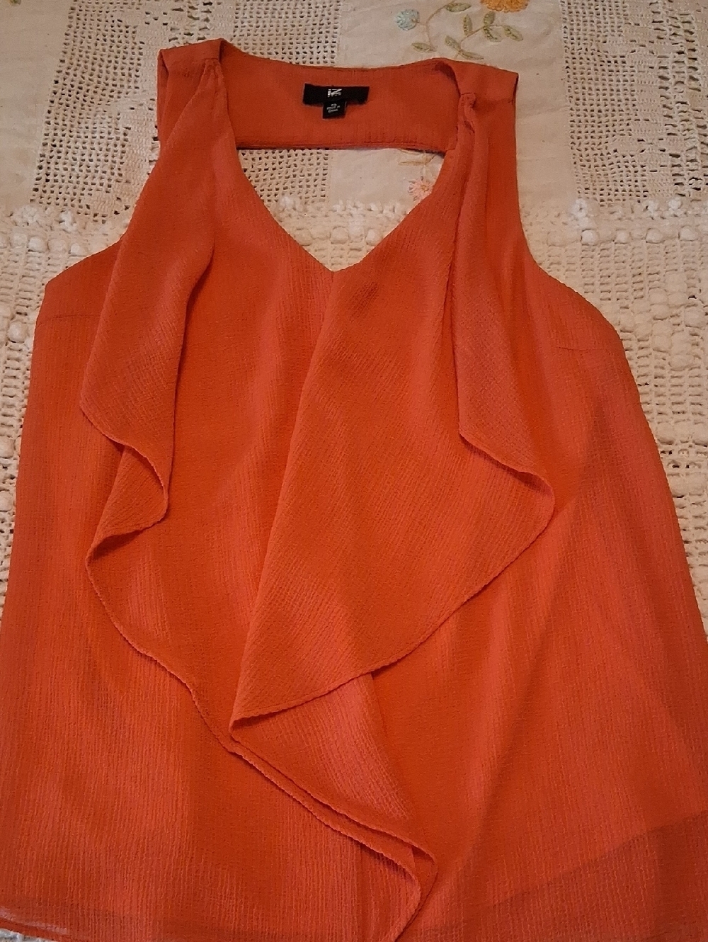 Iz Byer Orange Sleeveless Ruffle Front Blouse